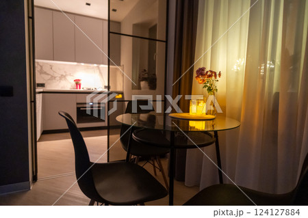 Modern Apartment Interior Design Evening Kitchen Dining Room Glass Partition Modern Apartment Interior Design Evening Kitchen Dining Room Glass Partition 124127884