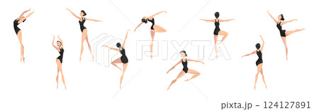 Female Ballet Dancer Performing in Black Leotard Vector Set 124127891
