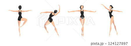 Female Ballet Dancer Performing in Black Leotard Vector Set 124127897