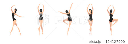 Female Ballet Dancer Performing in Black Leotard Vector Set 124127900