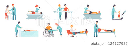 People Character in Orthopedic Therapy Rehabilitation with Therapists Vector Set 124127925
