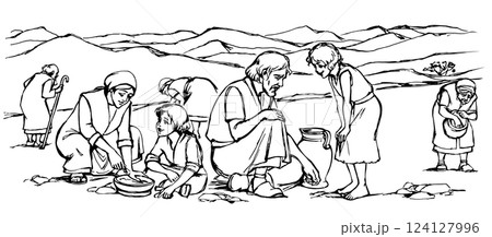 Vector illustration. People collecting manna in the desert. Vector illustration. People collecting manna in the desert. 124127996
