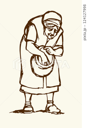 Vector illustration. People collecting manna in the desert. 124127998