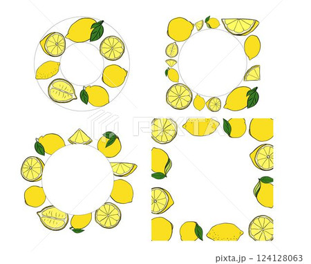 Lemons square and circle round frame set. Vector graphic line ink yellow illustration with empty space for text. Sample poster, party invitation, holiday banner, postcard. 124128063