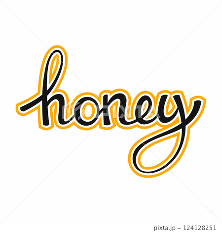 word honey on white background. Lettering by hand. postcard decoration element. 124128251