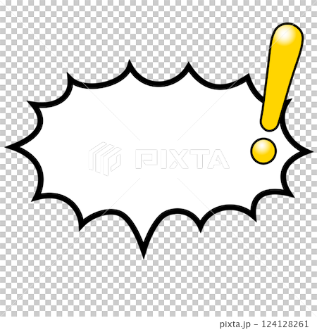 A shiny yellow horizontal explosion-type speech bubble with an exclamation mark A shiny yellow horizontal explosion-type speech bubble with an exclamation mark 124128261