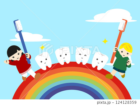 虹の上の歯ブラシを持った子どもたちと綺麗な歯 124128359