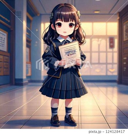 学校の廊下に立つ制服を着た少女 124128417