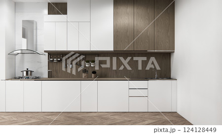 mockup white Kitchen bar on set kitchen shaped modern style white and wood concept. 3d rendering mockup white Kitchen bar on set kitchen shaped modern style white and wood concept. 3d rendering 124128449