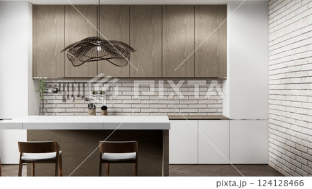 white brick wall modern loft style on kitchen counter scene mockup kitchen bar and set shaped kitchen design. 3d rendering 124128466