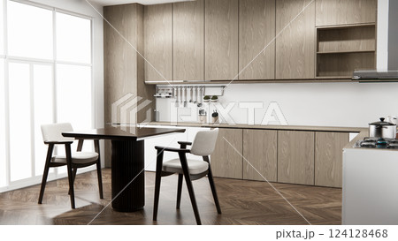 Kitchen bar on set kitchen shaped modern style white and wood concept. 3d rendering Kitchen bar on set kitchen shaped modern style white and wood concept. 3d rendering 124128468