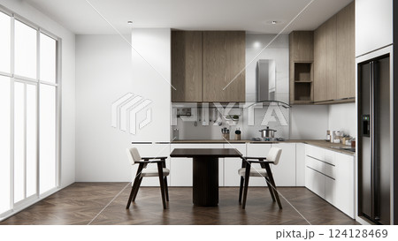 Kitchen bar on set kitchen shaped modern style white and wood concept. 3d rendering Kitchen bar on set kitchen shaped modern style white and wood concept. 3d rendering 124128469