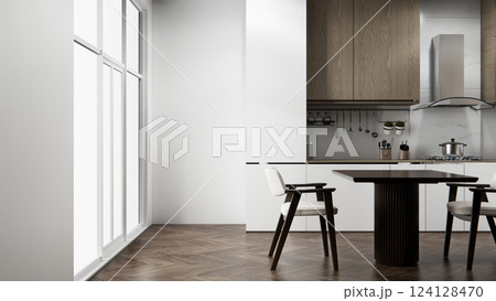Kitchen bar on set kitchen shaped modern style white and wood concept. 3d rendering 124128470