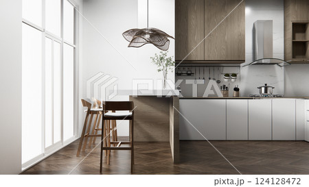 Kitchen bar on set kitchen shaped modern style white and wood concept. 3d rendering 124128472