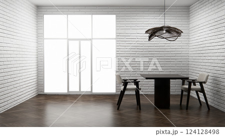 white brick wall modern loft style on kitchen counter scene mockup kitchen bar and set shaped kitchen design. 3d rendering 124128498