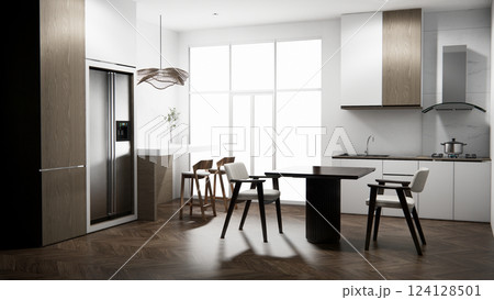 mockup table bar on set kitchen shaped modern style concept. 3d rendering mockup table bar on set kitchen shaped modern style concept. 3d rendering 124128501