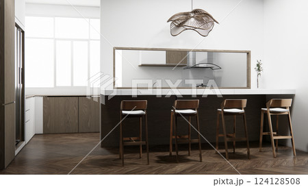 mockup table bar on set kitchen shaped modern style concept. 3d rendering mockup table bar on set kitchen shaped modern style concept. 3d rendering 124128508