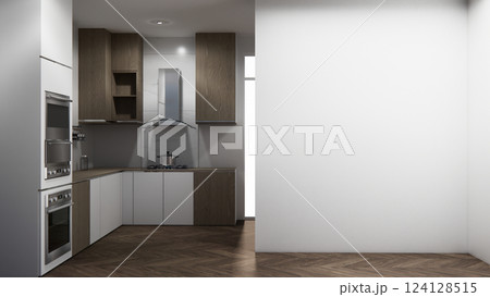 mockup white Kitchen bar on set kitchen shaped modern style white and wood concept. 3d rendering 124128515