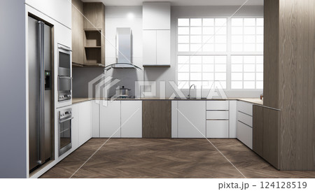 mockup white Kitchen bar on set kitchen shaped modern style white and wood concept. 3d rendering mockup white Kitchen bar on set kitchen shaped modern style white and wood concept. 3d rendering 124128519