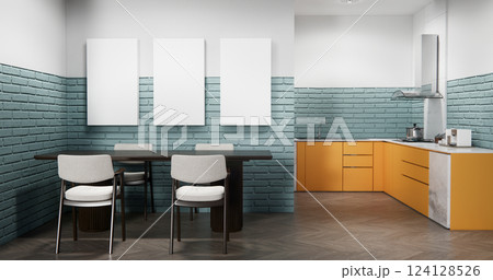 modern loft style on kitchen orange counter scene mockup and set shaped kitchen design. 3d rendering 124128526