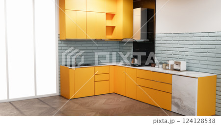 modern loft style on kitchen orange counter scene mockup and set shaped kitchen design. 3d rendering modern loft style on kitchen orange counter scene mockup and set shaped kitchen design. 3d rendering 124128538