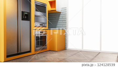 modern loft style on kitchen orange counter scene mockup and set shaped kitchen design. 3d rendering 124128539