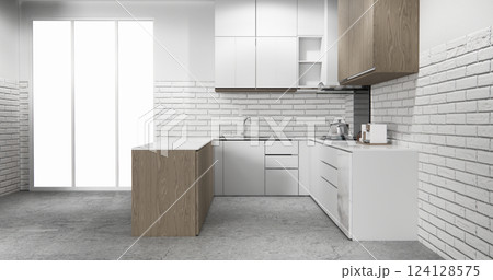 white brick wall modern loft style on kitchen counter scene mockup kitchen bar and set shaped kitchen design. 3d rendering white brick wall modern loft style on kitchen counter scene mockup kitchen bar and set shaped kitchen design. 3d rendering 124128575