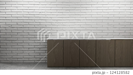white brick wall modern loft style on kitchen counter scene mockup kitchen bar and set shaped kitchen design. 3d rendering white brick wall modern loft style on kitchen counter scene mockup kitchen bar and set shaped kitchen design. 3d rendering 124128582