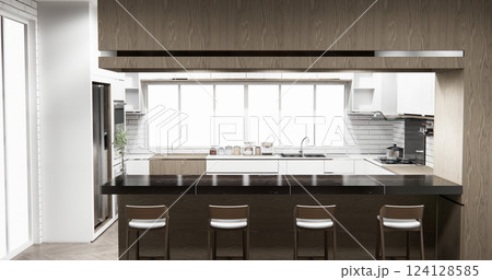 Kitchen bar on set kitchen shaped modern style white and wood concept. 3d rendering 124128585