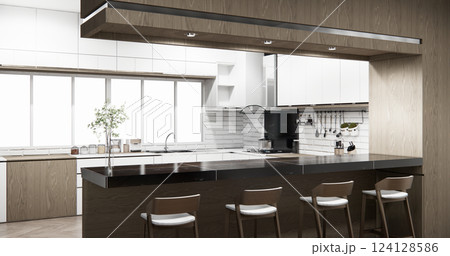 Kitchen bar on set kitchen shaped modern style white and wood concept. 3d rendering 124128586