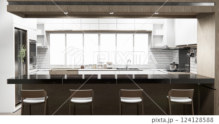 bar on set kitchen shaped modern style white and wood concept. 3d rendering bar on set kitchen shaped modern style white and wood concept. 3d rendering 124128588
