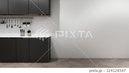 black set kitchen shaped modern style black and wood concept. 3d rendering black set kitchen shaped modern style black and wood concept. 3d rendering 124128597