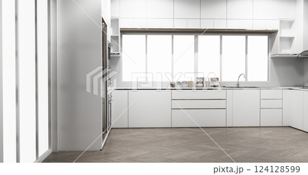 mockup white Kitchen bar on set kitchen shaped modern style white and wood concept. 3d rendering mockup white Kitchen bar on set kitchen shaped modern style white and wood concept. 3d rendering 124128599