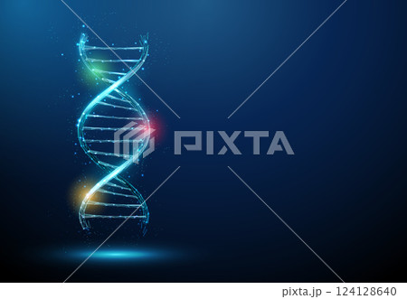 Blue 3d DNA molecule helix with red, yellow and green spots. Biomarker identification, DNA sequencing, genetic diseases concept 124128640
