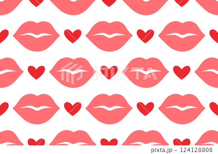 Seamless pattern with pink lips and red hearts on white background. Flat design pastel tones Seamless pattern with pink lips and red hearts on white background. Flat design pastel tones 124128808