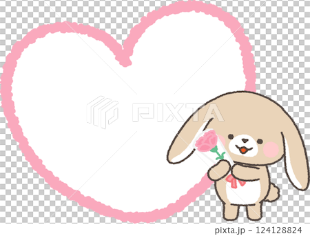A saggy-eared rabbit holding a carnation and a heart-shaped speech bubble 124128824