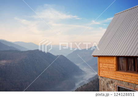 Spectacular landscape of mountains and house in Variaki, Georgia 124128851