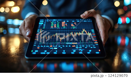 A stock market analysis is displayed on a tablet held by a person at a dim location. 124129070