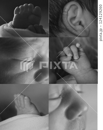 A newborn baby is wrapped in diapers with a wool cap in a basket. Swaddling, maternity hospital, family, ivf, life planning, parenting. A mother's love for her child. Baby food. High quality photo 124129260