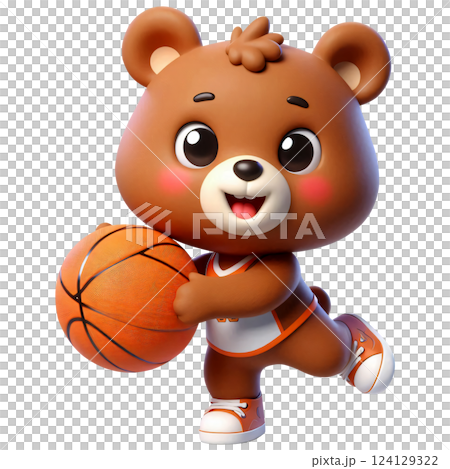 Cartoon of a brown bear playing basketball 124129322