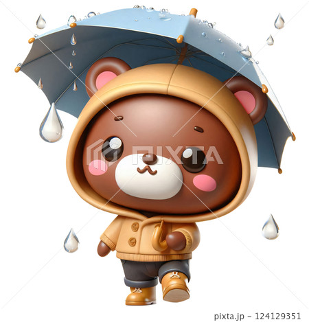 Cartoon of a brown bear holding a wet umbrella in the rain Cartoon of a brown bear holding a wet umbrella in the rain 124129351