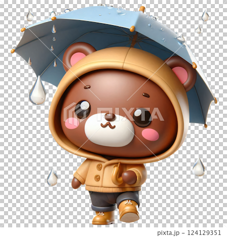 Cartoon of a brown bear holding a wet umbrella in the rain Cartoon of a brown bear holding a wet umbrella in the rain 124129351