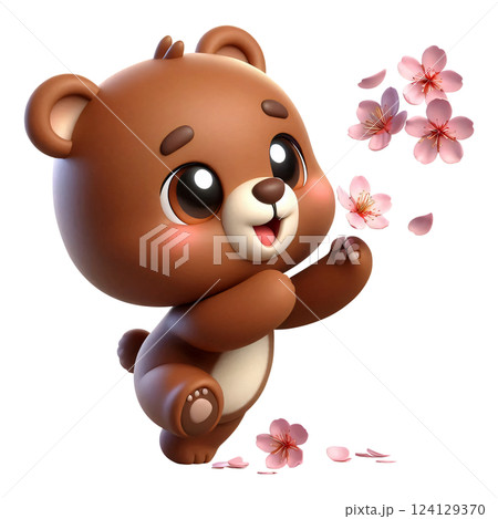Brown bear cartoon collecting cherry blossoms 124129370