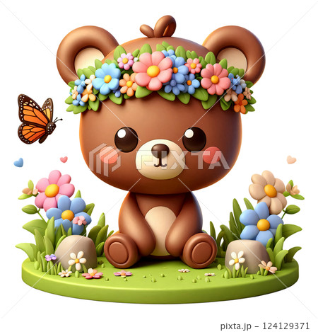 Cartoon of a brown bear sitting on the grass 124129371