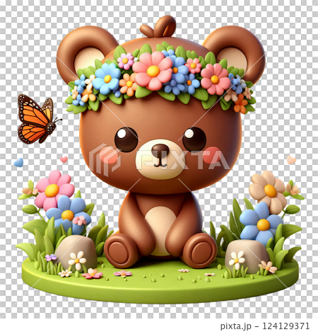 Cartoon of a brown bear sitting on the grass 124129371