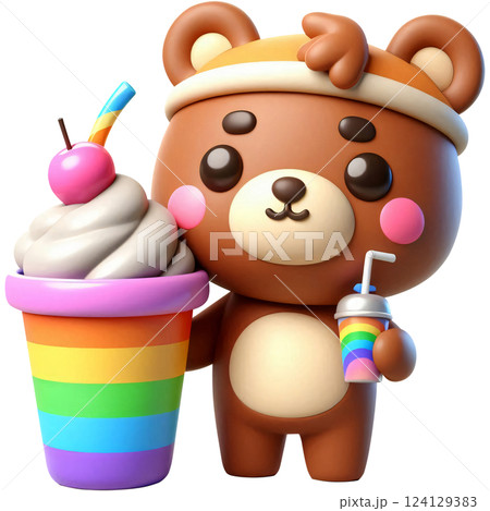 Cartoon of a brown bear drinking a smoothie 124129383