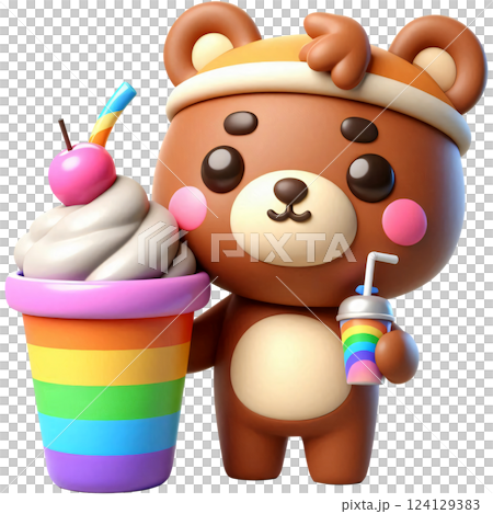 Cartoon of a brown bear drinking a smoothie 124129383