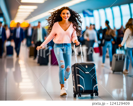 A teenage girl pulled a trolley suitcase in the airport. 124129409
