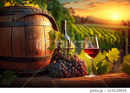 red wine and glass on wooden barrel red wine and glass on wooden barrel 124129693