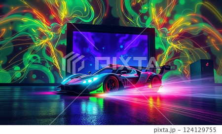 tv screen with tv remote control on screen 124129755